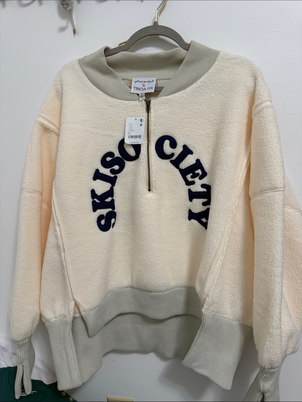 Free People Cream Sherpa Half-Zip Pullover with Navy Appliqué